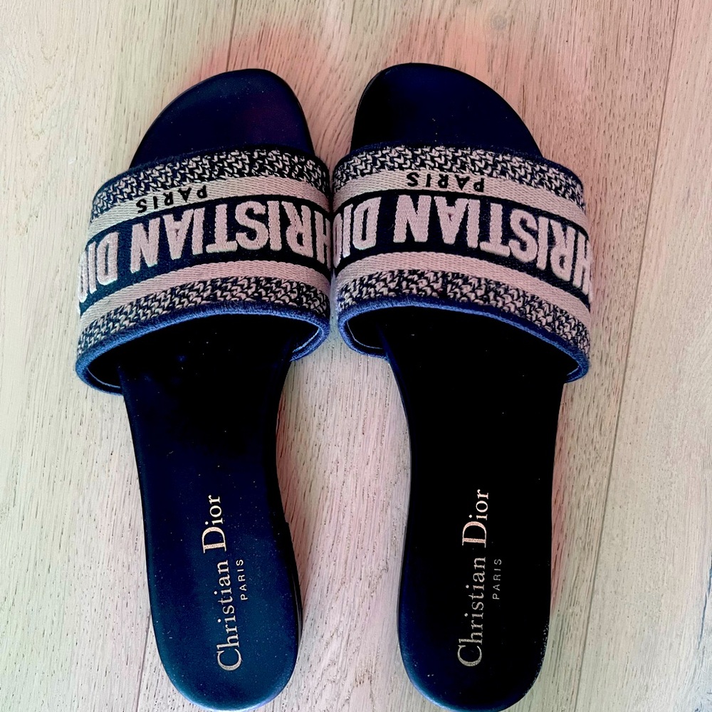 Christian Dior Dway Slide Deep Blue Embroidered Cotton in a size 36 (US 6)